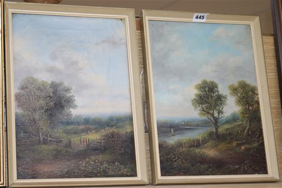 19th century English School - oil on canvas, rural landscapes, a pair, indistinctly signed, 35 x 25cm